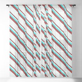 [ Thumbnail: Cyan, Dark Red & Mint Cream Colored Stripes Pattern Sheer Curtain ]