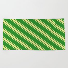 [ Thumbnail: Forest Green & Tan Colored Lines Pattern Beach Towel ]