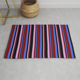 [ Thumbnail: Royal Blue, Maroon, Plum, and Black Colored Striped/Lined Pattern Rug ]