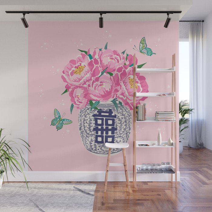 peony bouquet in ginger jar/pink Wall Mural