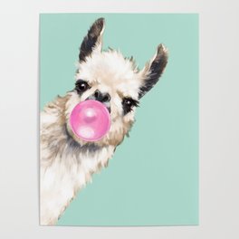 Bubble Gum Sneaky Llama in Green Poster