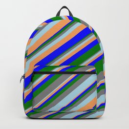 [ Thumbnail: Colorful Blue, Green, Grey, Light Blue, and Brown Colored Stripes Pattern Backpack ]