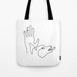 Pet dog and human hand. Care, friendship. Tote Bag
