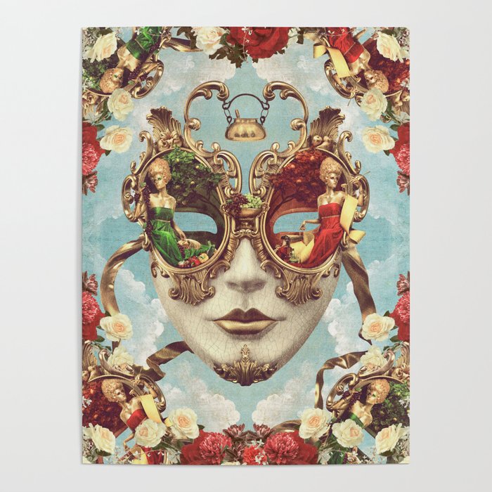 Floral Opulence - Red, Green & Gold Venetian Mask  Poster