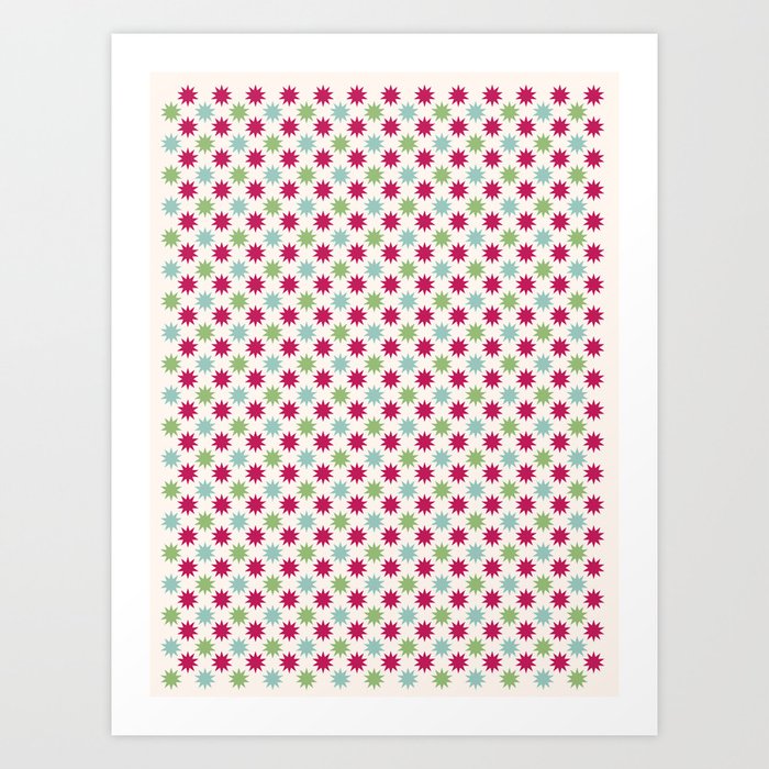 Viva Magenta and Green Star Pattern on Blush Art Print