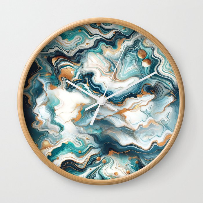 Teal, Blue & Gold Marble Agate  Wall Clock