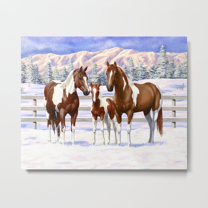 Chestnut Pinto Paint Horses In Snow Metal Print