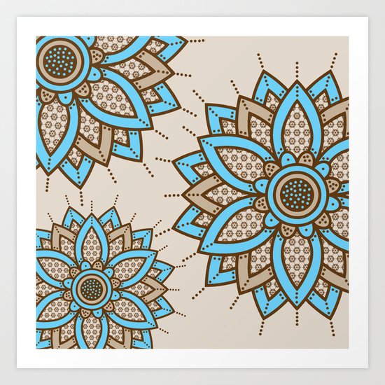 Tri Floral Parade Brown Blue Art Print