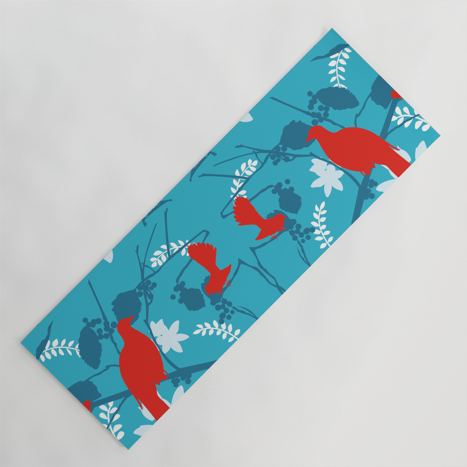 Nz Native Red Kereru Wood Pigeon And Fantail On Blue Yoga Mat By