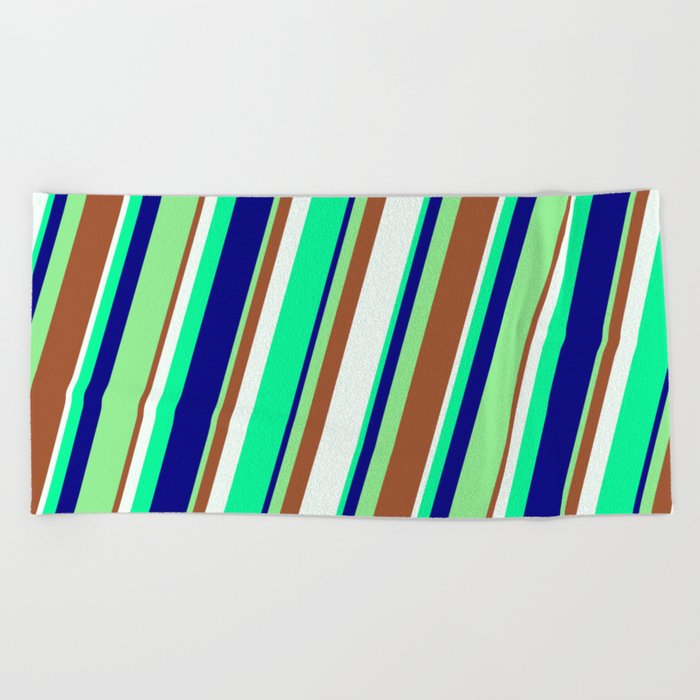 Eye-catching Light Green, Sienna, Mint Cream, Green, and Blue Colored Stripes/Lines Pattern Beach Towel