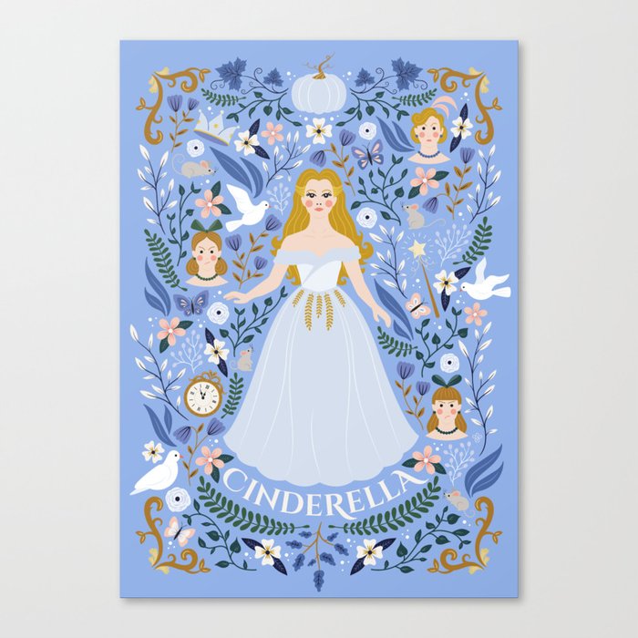Princess Fairy tale Illustration Canvas Print | Graphic-design, Digital, Fairy-tale, Magical, Pumpkin, Princess, Flowers, Mouse, Dove, Stepsister