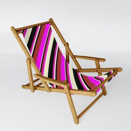 [ Thumbnail: Brown, Fuchsia, Light Yellow, and Black Colored Lines Pattern Sling Chair ]