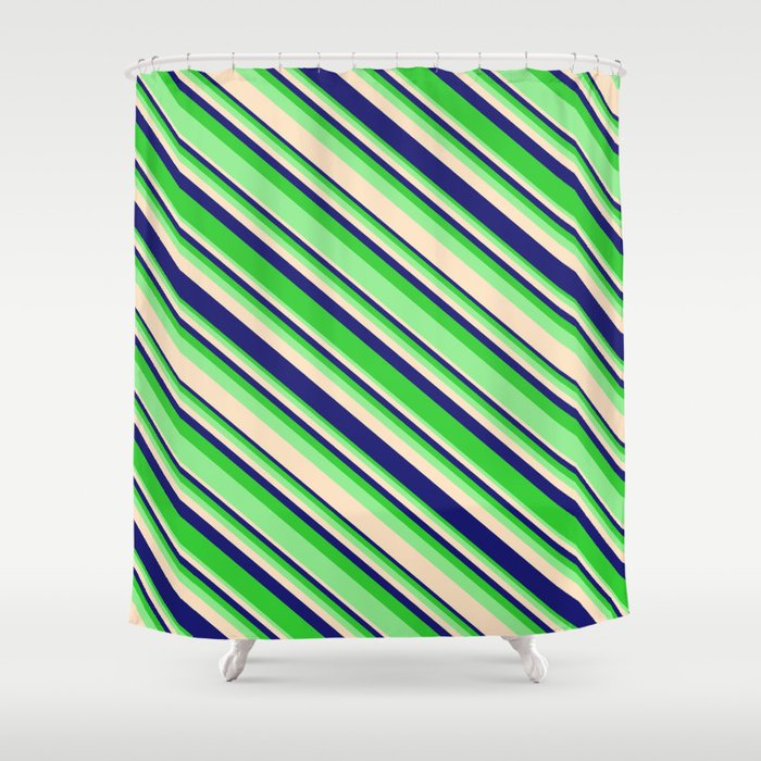 Lime Green, Light Green, Bisque, and Midnight Blue Colored Lined Pattern Shower Curtain