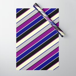 [ Thumbnail: Eye-catching Blue, Grey, Black, Purple & Light Yellow Colored Lined Pattern Wrapping Paper ]