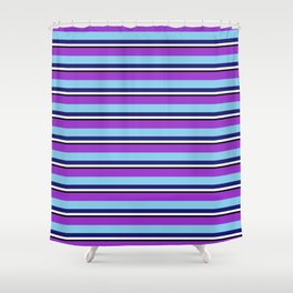 [ Thumbnail: Vibrant Dark Orchid, Sky Blue, Midnight Blue, White & Black Colored Pattern of Stripes Shower Curtain ]