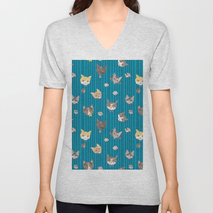 Cats with Paws Pattern/Hand-drawn in Watercolour/Blue Stripe Background V Neck T Shirt