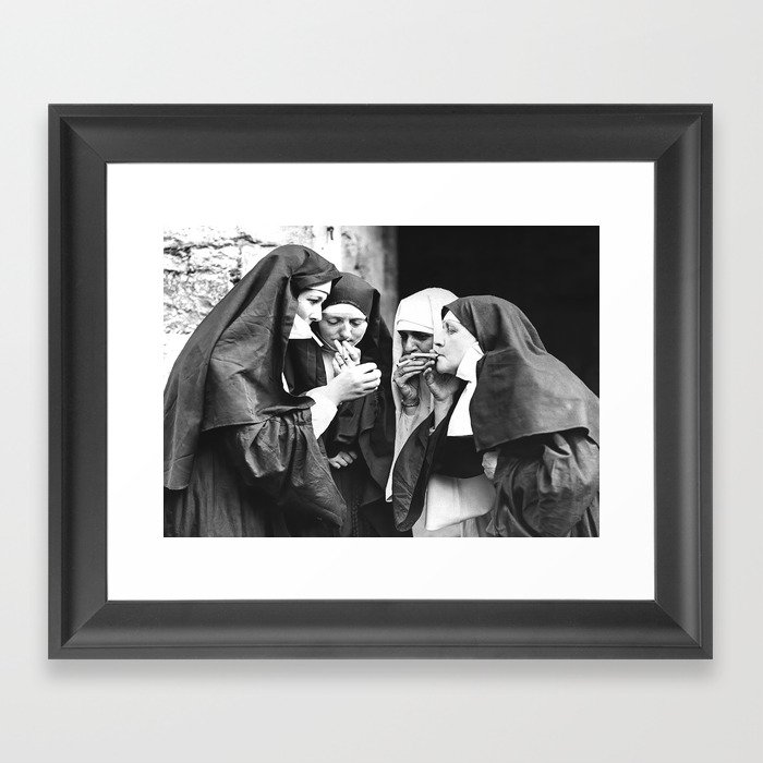 Smoking Nuns, Black and White, Vintage Wall Art Framed Art Print