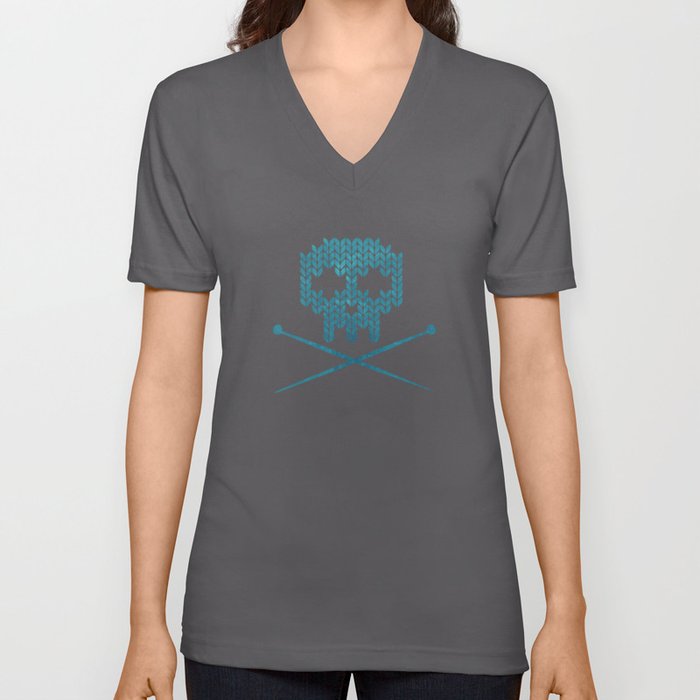 Knitted Skull (White on Blue) V Neck T Shirt