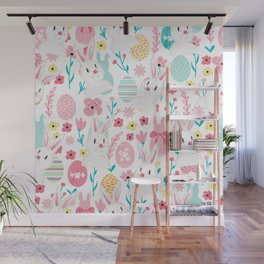 Easter Bunny And Eggs Floral Pattern  Wall Mural