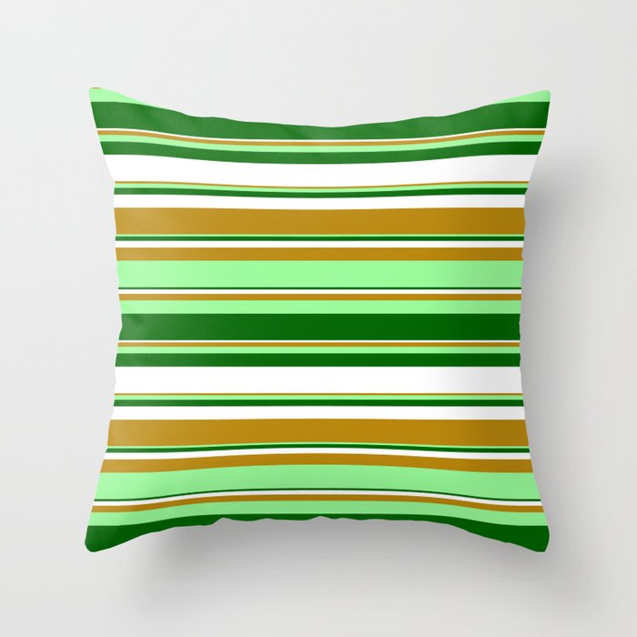 Dark Goldenrod, Green, Dark Green, and White Colored Stripes Pattern Throw Pillow