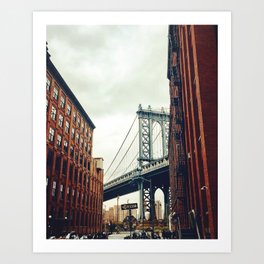 DUMBO Art Print | Cityscape, Buildings, Bridge, Newyork, Brooklyn, Digital, Color, Cloudy, Photo, Vintage 