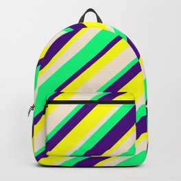 [ Thumbnail: Indigo, Yellow, Beige & Green Colored Pattern of Stripes Backpack ]