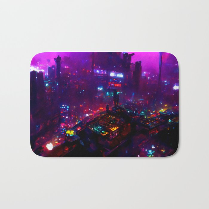 Postcards from the Future - Cyberpunk Cityscape Bath Mat