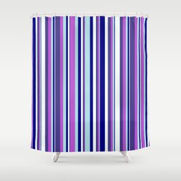 [ Thumbnail: Colorful Blue, Powder Blue, Orchid, Dark Slate Blue & Mint Cream Colored Lined/Striped Pattern Shower Curtain ]