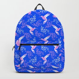 Pretty beautiful cute pink hummingbirds, delicate twigs little leaves blue pattern. Gift ideas Backpack