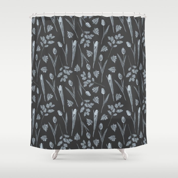 Modern Botanical Black Gray Watercolor Floral Shower Curtain By