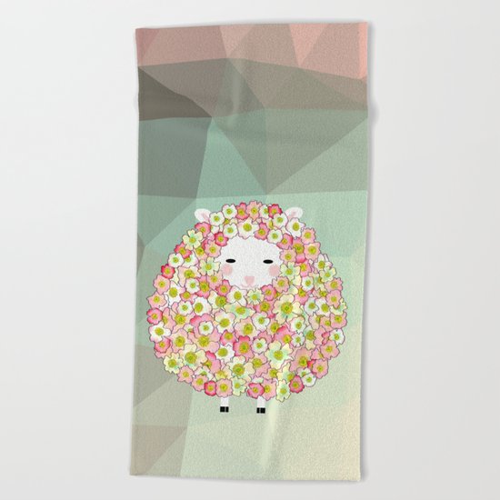 Pastel Tone Flowery Sheep Design Beach Towel