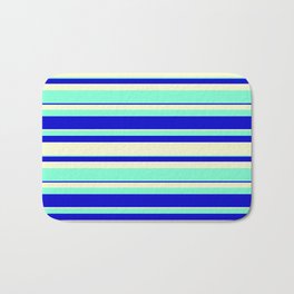 [ Thumbnail: Light Yellow, Aquamarine, and Blue Colored Striped/Lined Pattern Bath Mat ]