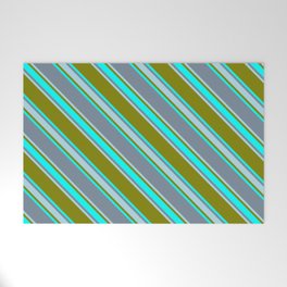 [ Thumbnail: Green, Cyan, Light Slate Gray & Light Blue Colored Stripes Pattern Welcome Mat ]