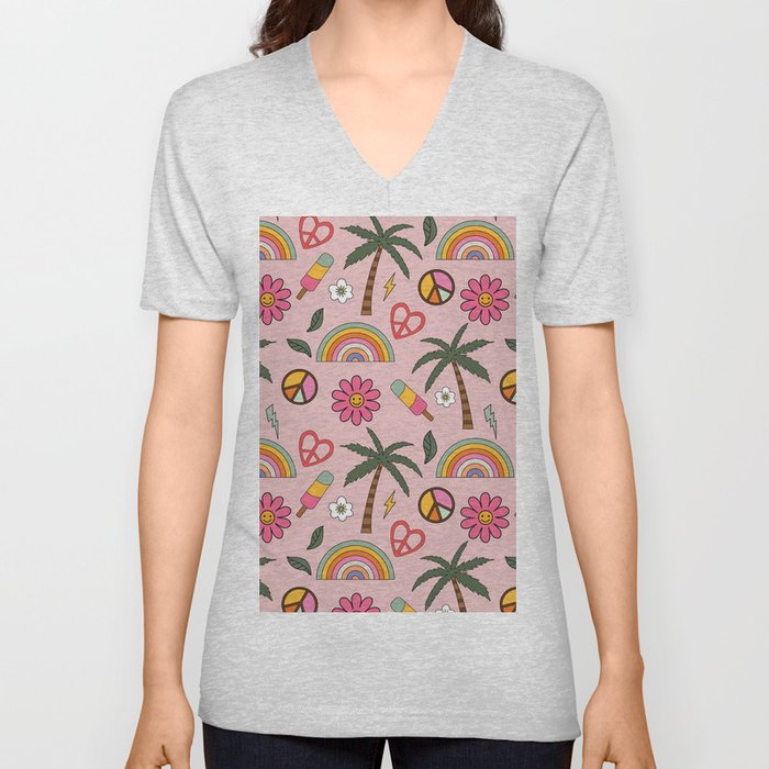 Retro Summer Rainbows Smiling Flowers Beach Pattern V Neck T Shirt