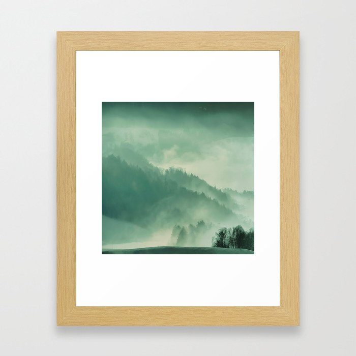 Turquoise Green Monochromatic Mist Misty Pine Forest Field Landscape Framed Art Print