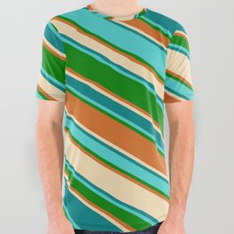 [ Thumbnail: Colorful Tan, Teal, Turquoise, Green, and Chocolate Colored Lines Pattern All Over Graphic Tee ]