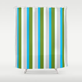 [ Thumbnail: Green, Mint Cream, Light Grey & Deep Sky Blue Colored Striped/Lined Pattern Shower Curtain ]