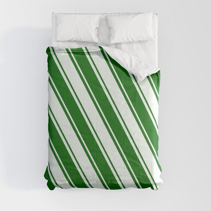 Dark Green & Mint Cream Colored Striped Pattern Comforter