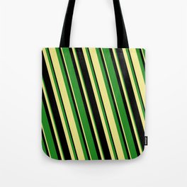 [ Thumbnail: Black, Forest Green, and Tan Colored Stripes Pattern Tote Bag ]
