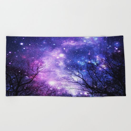 Black Trees Purple Blue Space Beach Towel