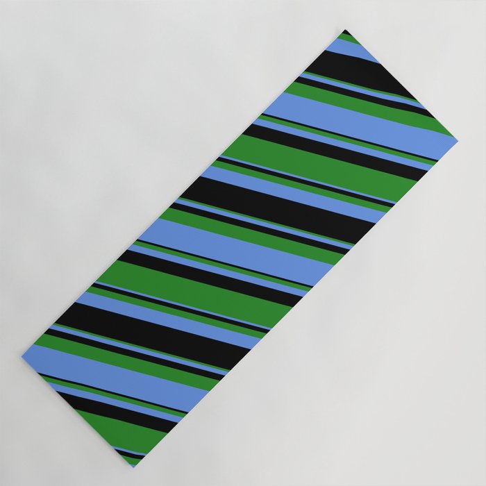 Forest Green, Cornflower Blue & Black Colored Lines Pattern Yoga Mat