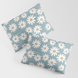Daisies - daisy floral repeat, daisy flowers, 70s, retro, black, daisy florals dusty blue Pillow Sham