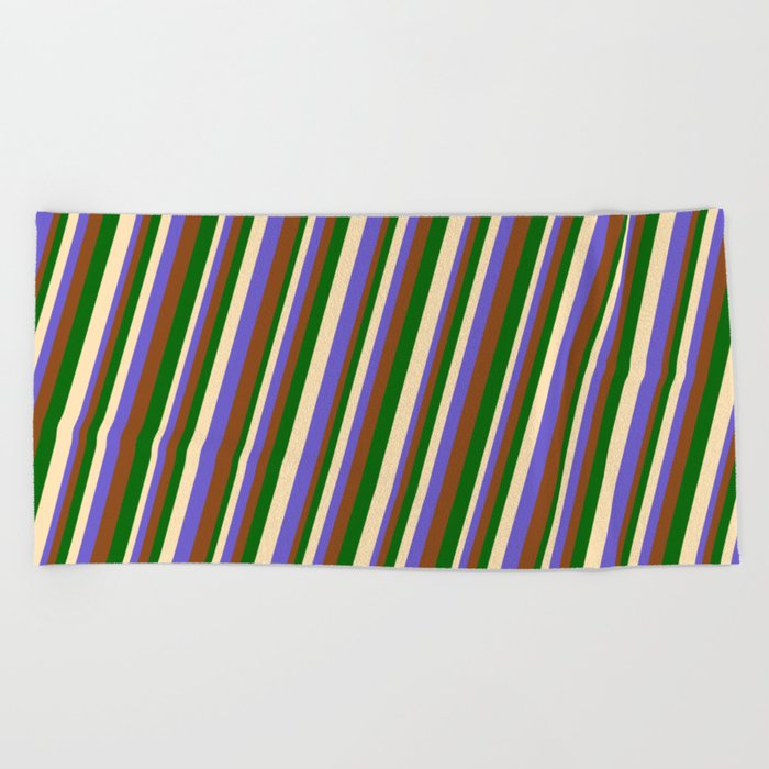 Beige, Slate Blue, Brown, and Dark Green Colored Lines/Stripes Pattern Beach Towel