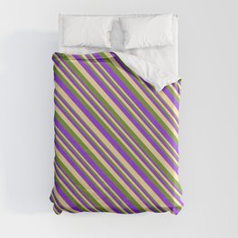 [ Thumbnail: Purple, Tan, and Green Colored Lines Pattern Duvet Cover ]