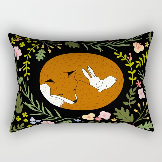 Friendship in Wildlife_Fox and Bunny_Bg Black Rectangular Pillow