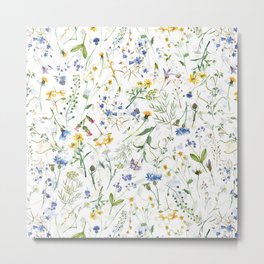 Scandinavian Midsummer Blue And Yellow Wildflowers Meadow  Metal Print