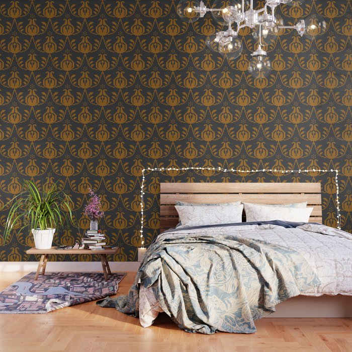 Textured modern fruit damask yellow on black Wallpaper