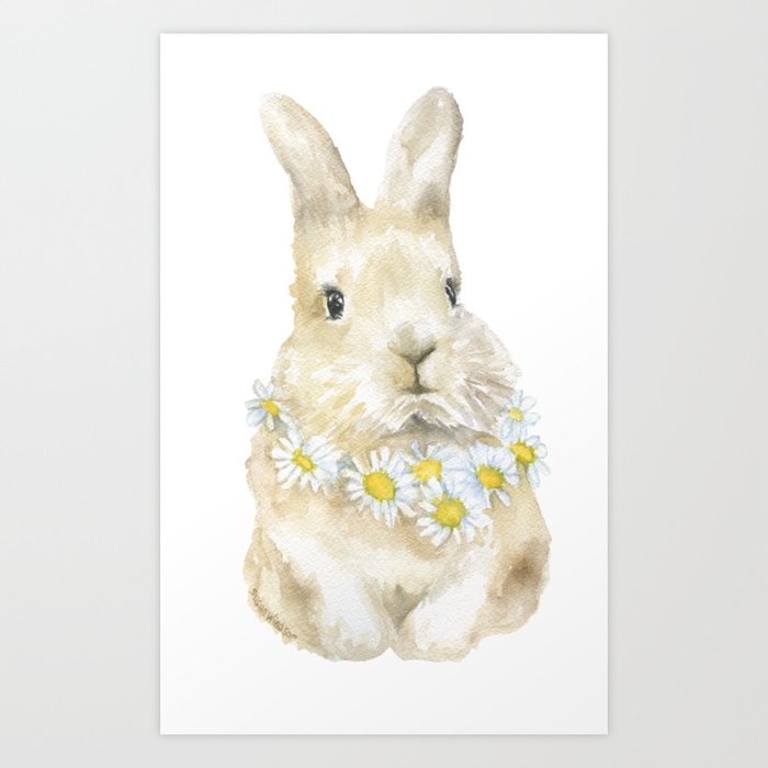 Bunny Rabbit with Daisy Wreath Watercolor Art Print