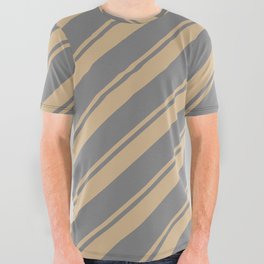 [ Thumbnail: Tan and Grey Colored Pattern of Stripes All Over Graphic Tee ]