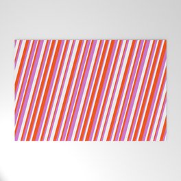 [ Thumbnail: Red, Orchid & White Colored Lined/Striped Pattern Welcome Mat ]